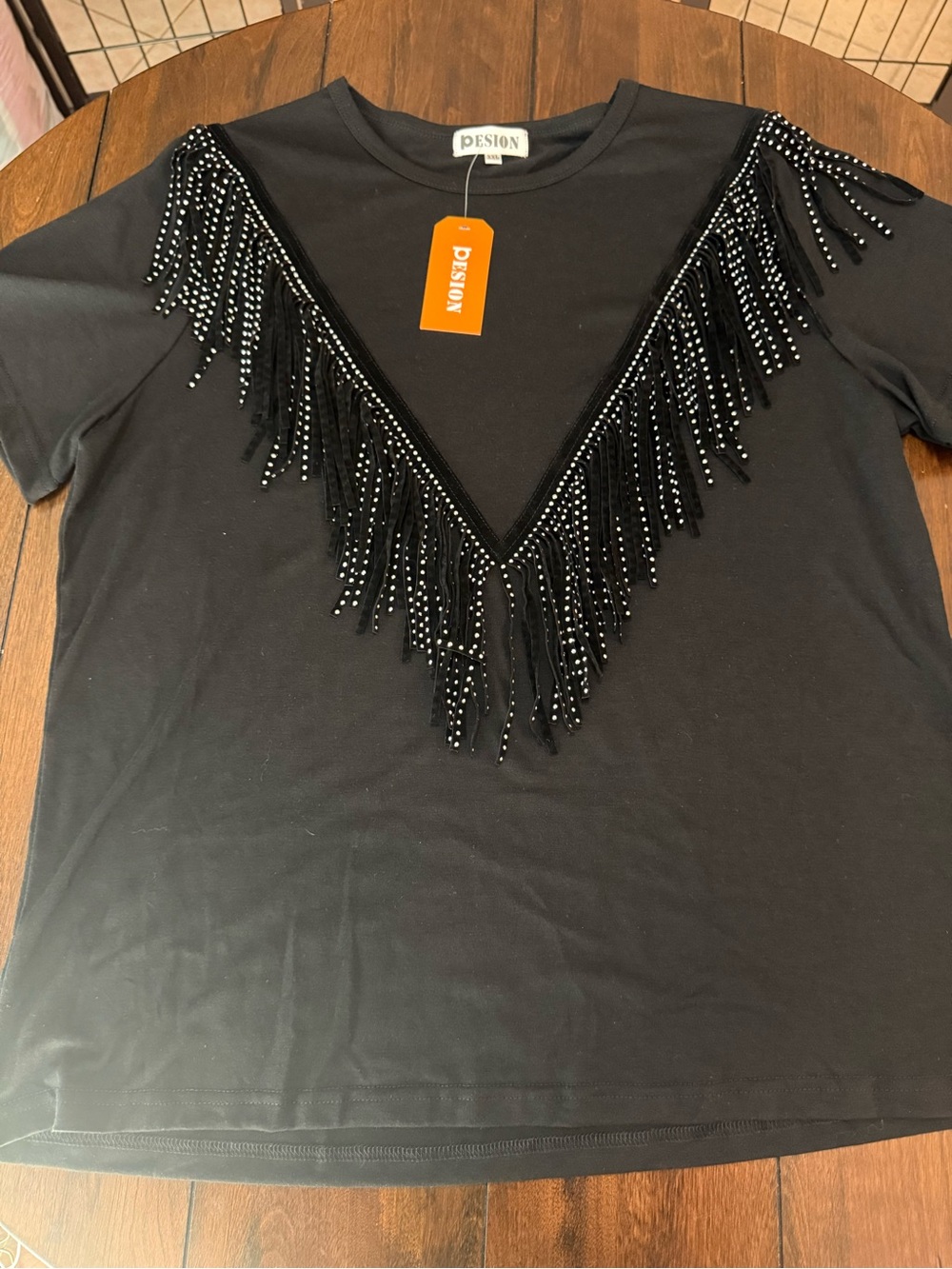 Women's XXL Fringe Trim Shirt Short Sleeve Tassel Trim Blouse T-Shirt Black Too